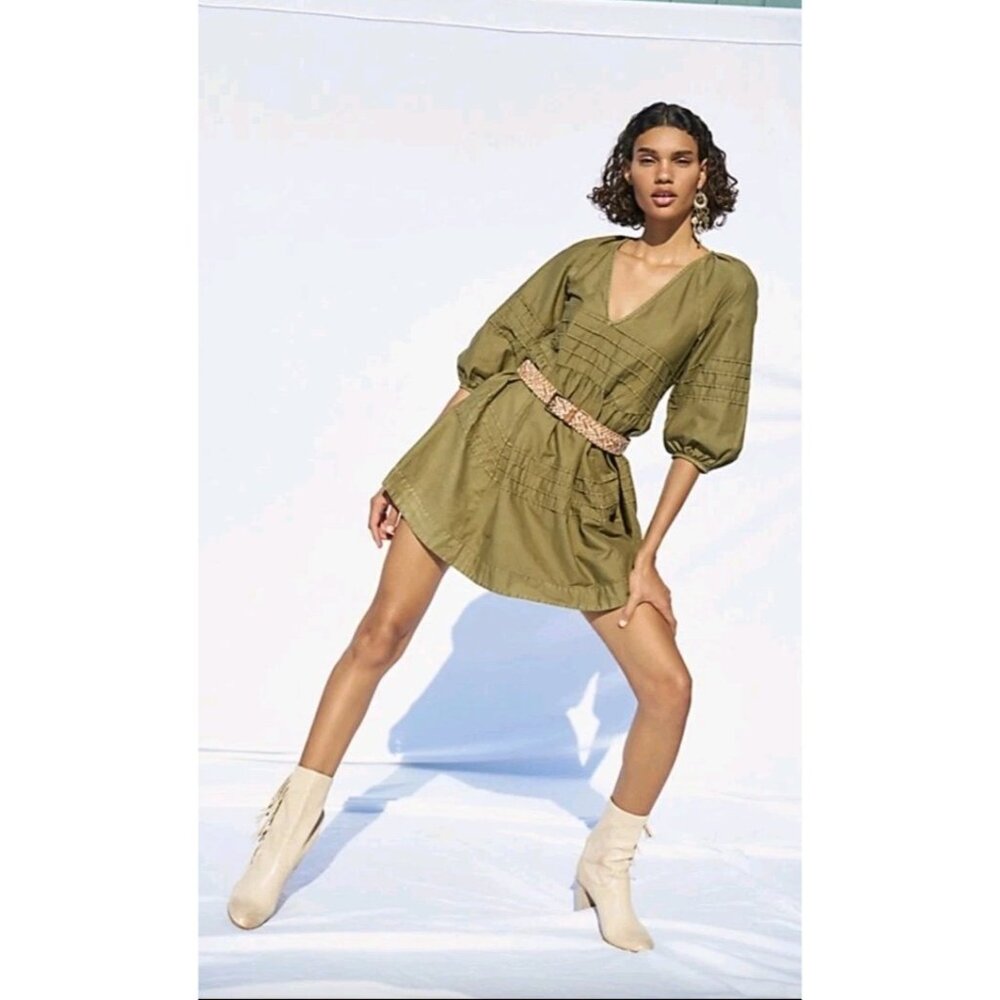 Free People Sweet Surrender Military Green Denim Dress Puff Sleeves Large